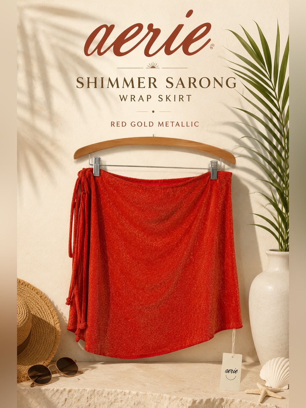 Aerie Shimmer Sarong Wrap Skirt Red Gold Metallic Size L/XL NWT